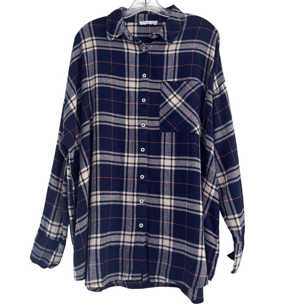 Primark Womens Navy Blue Plaid Button Front Pocket Collared Long Sleeve Size L